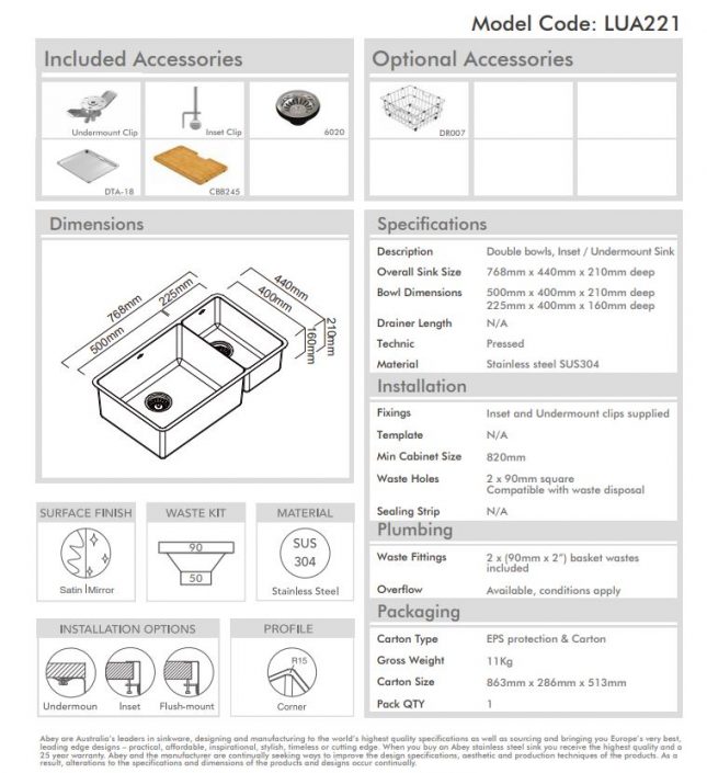 Abey Lucia 1 & 3/4 Bowl Sink | 768x440x210mm | Builders Discount Warehouse